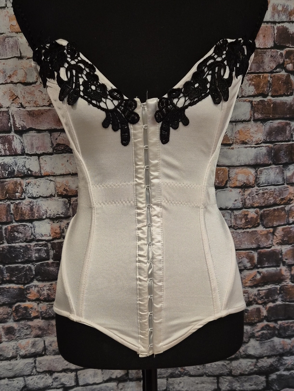 Coquette White Satin Corset with Black Lace Trim